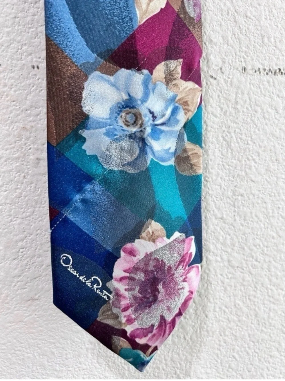 Oscar de la Renta Teal Blue Floral Silk Scarf